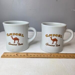 Vtg Camel Genuine Taste Coffee Mugs Set of 2 White Ceramic Japan Tobacciana READ